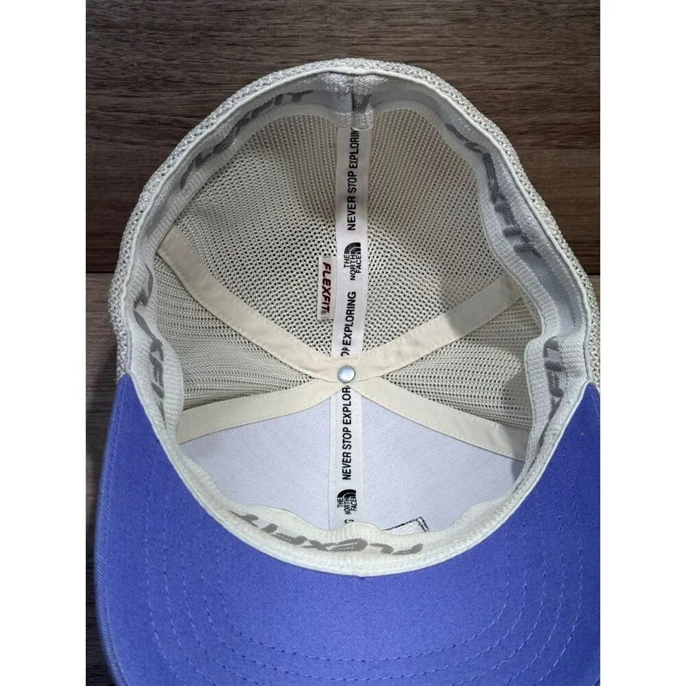 The North Face Trucker Hat Purple White Mesh FlexFit Stretch Cap Mountain Patch